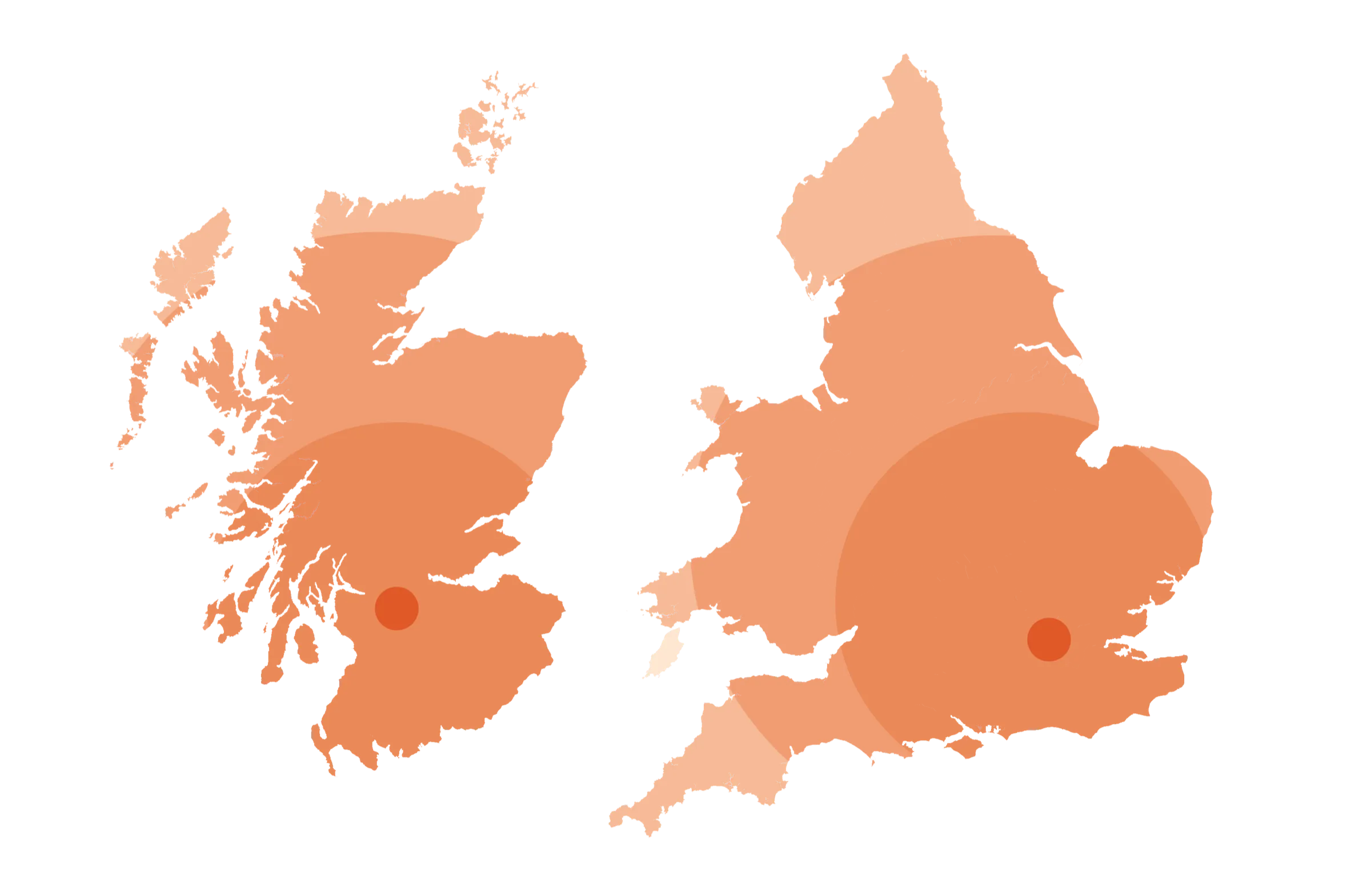 Map showing Contra Faba's coverage from London and Glasgow